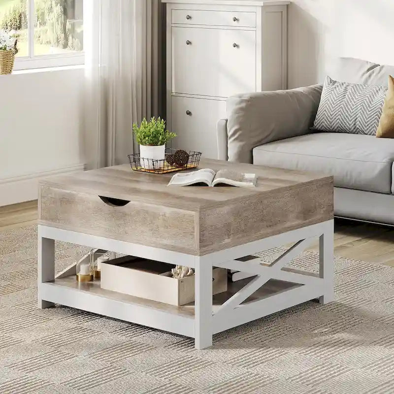 Tavolino da Caffè Quadrato con Piano Sollevabile, Grigio Lavato/Marrone, Stile Rustico, Per 2–4 Persone