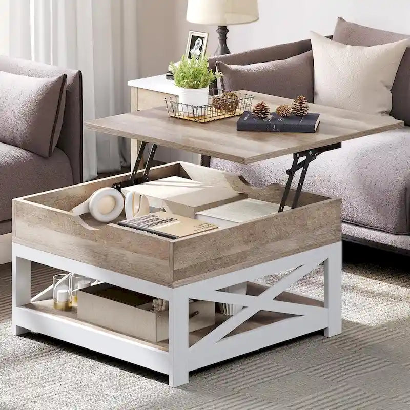 Tavolino da Caffè Quadrato con Piano Sollevabile, Grigio Lavato/Marrone, Stile Rustico, Per 2–4 Persone