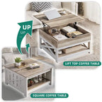 Tavolino da Caffè Quadrato con Piano Sollevabile, Grigio Lavato/Marrone, Stile Rustico, Per 2–4 Persone