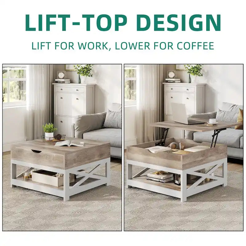 Tavolino da Caffè Quadrato con Piano Sollevabile, Grigio Lavato/Marrone, Stile Rustico, Per 2–4 Persone