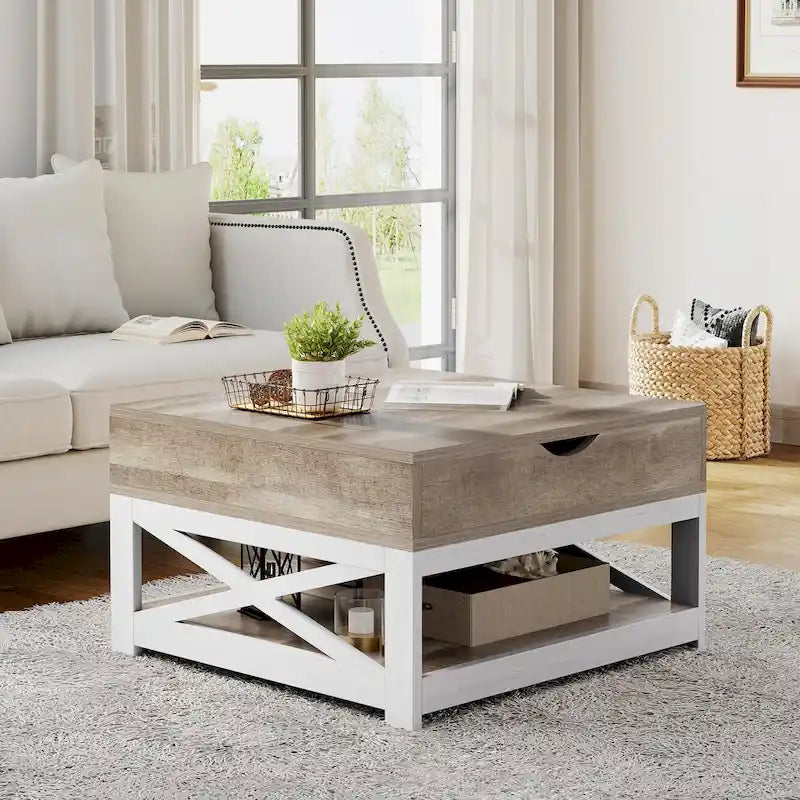 Tavolino da Caffè Quadrato con Piano Sollevabile, Grigio Lavato/Marrone, Stile Rustico, Per 2–4 Persone