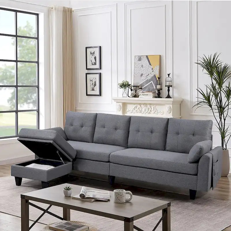 Divano Componibile Moderno a L con Chaise Longue, Pouf Contenitore e Tasche Laterali per Soggiorno
