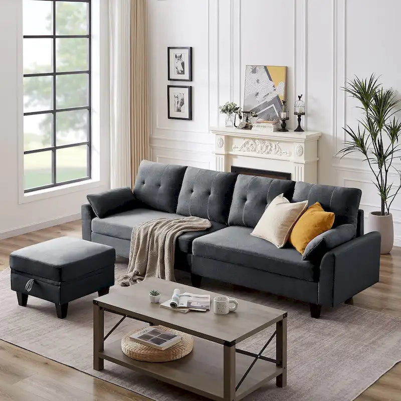 Divano Componibile Moderno a L con Chaise Longue, Pouf Contenitore e Tasche Laterali per Soggiorno