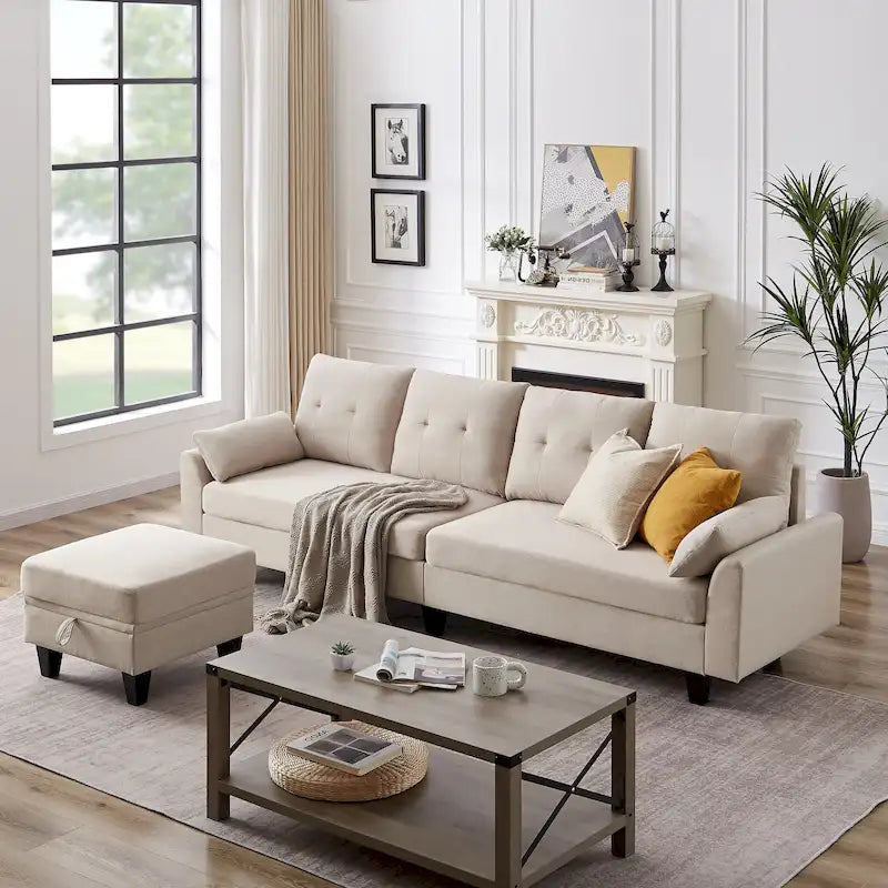 Divano Componibile Moderno a L con Chaise Longue, Pouf Contenitore e Tasche Laterali per Soggiorno