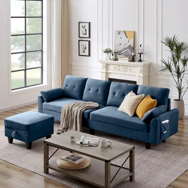 Divano Componibile Moderno a L con Chaise Longue, Pouf Contenitore e Tasche Laterali per Soggiorno