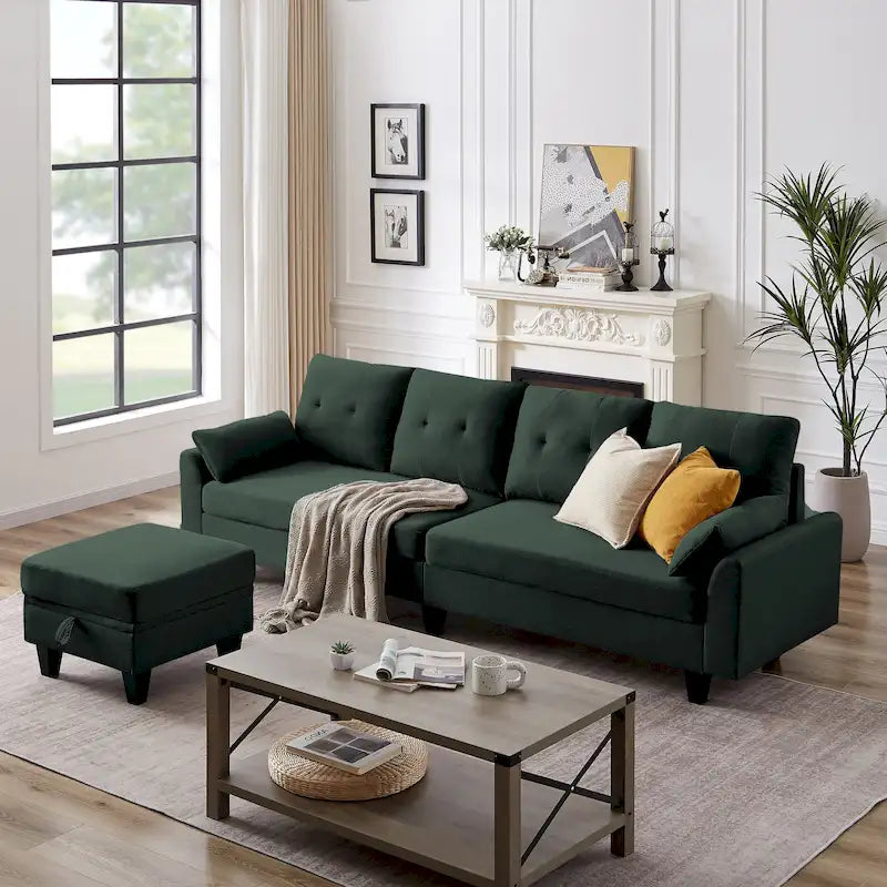 Divano Componibile Moderno a L con Chaise Longue, Pouf Contenitore e Tasche Laterali per Soggiorno