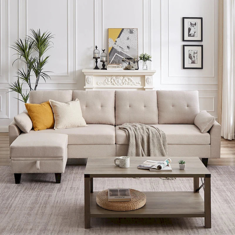Divano Componibile Moderno a L con Chaise Longue, Pouf Contenitore e Tasche Laterali per Soggiorno