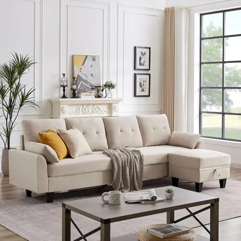 Divano Componibile Moderno a L con Chaise Longue, Pouf Contenitore e Tasche Laterali per Soggiorno