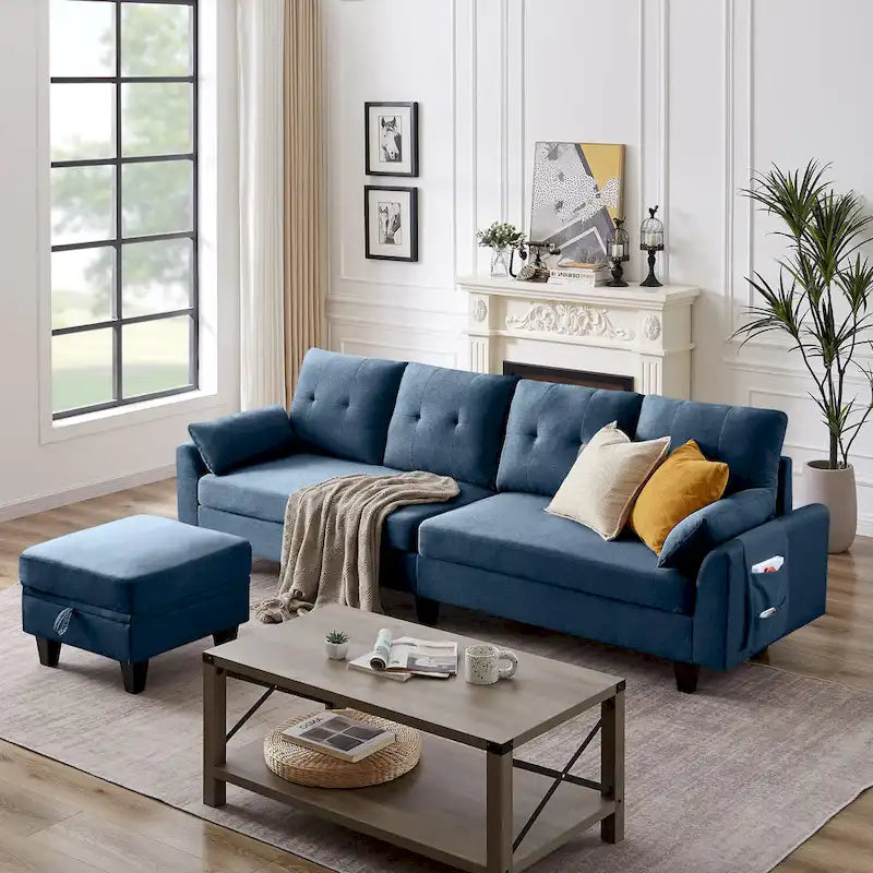Divano Componibile Moderno a L con Chaise Longue, Pouf Contenitore e Tasche Laterali per Soggiorno