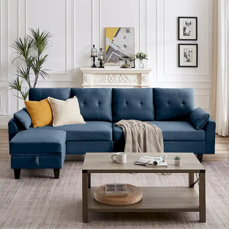 Divano Componibile Moderno a L con Chaise Longue, Pouf Contenitore e Tasche Laterali per Soggiorno
