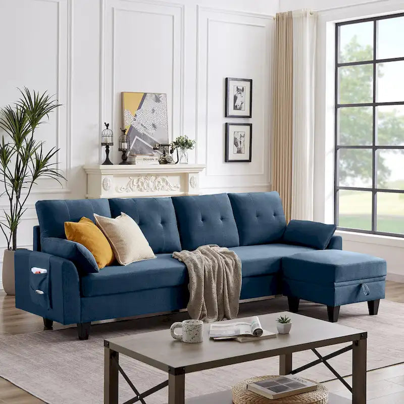 Divano Componibile Moderno a L con Chaise Longue, Pouf Contenitore e Tasche Laterali per Soggiorno