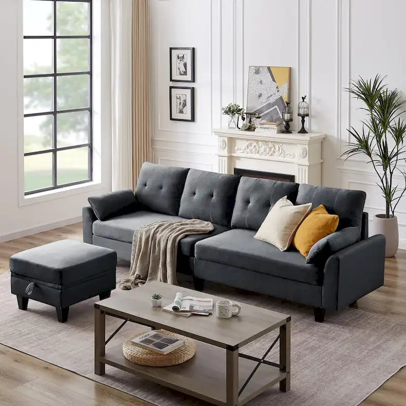 Divano Componibile Moderno a L con Chaise Longue, Pouf Contenitore e Tasche Laterali per Soggiorno