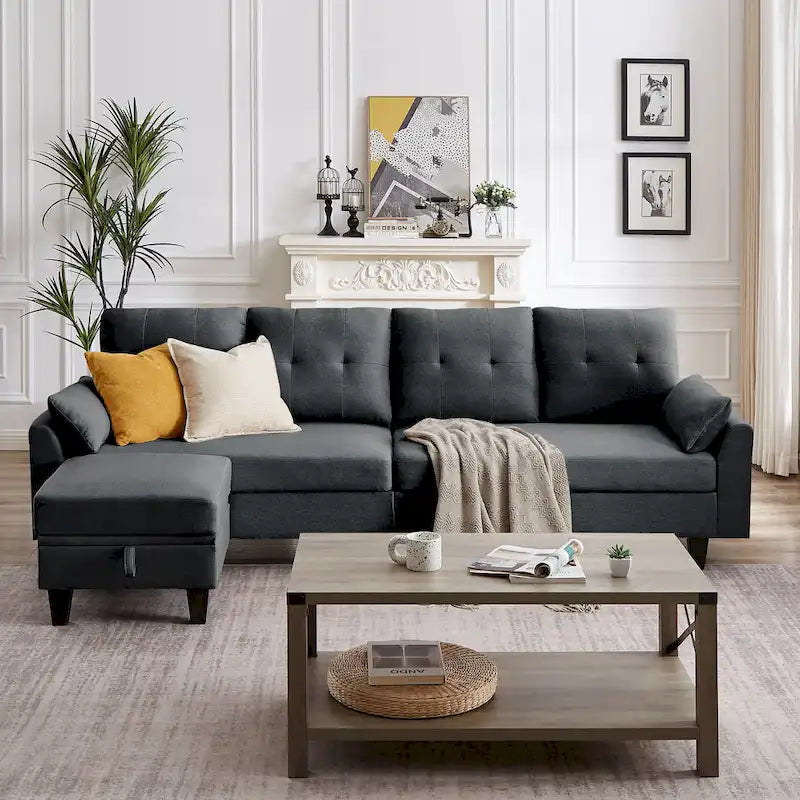 Divano Componibile Moderno a L con Chaise Longue, Pouf Contenitore e Tasche Laterali per Soggiorno