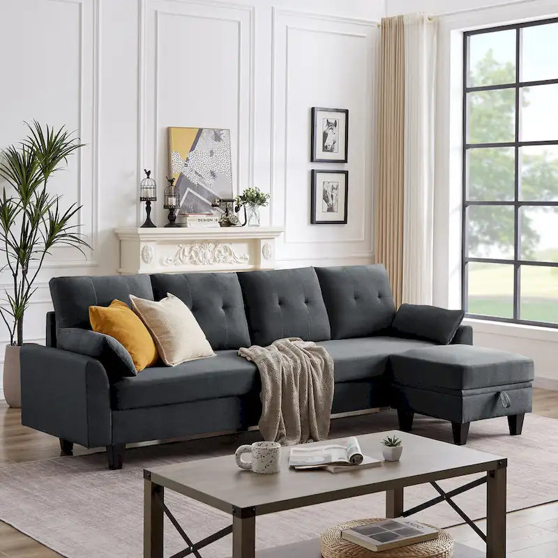 Divano Componibile Moderno a L con Chaise Longue, Pouf Contenitore e Tasche Laterali per Soggiorno