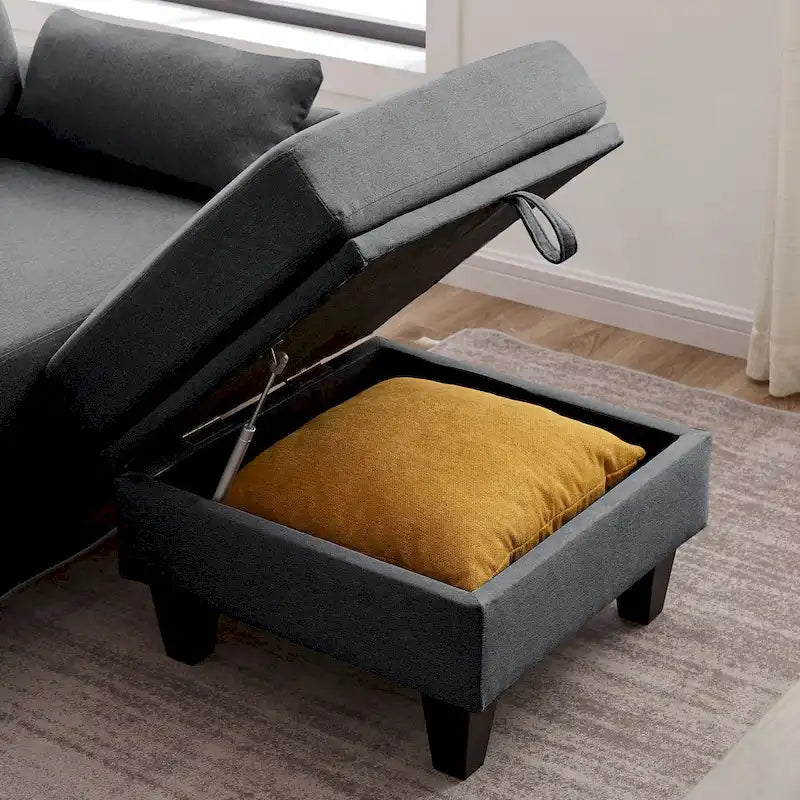Divano Componibile Moderno a L con Chaise Longue, Pouf Contenitore e Tasche Laterali per Soggiorno