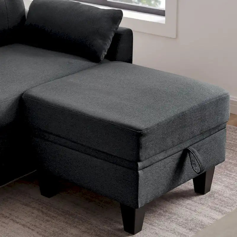 Divano Componibile Moderno a L con Chaise Longue, Pouf Contenitore e Tasche Laterali per Soggiorno