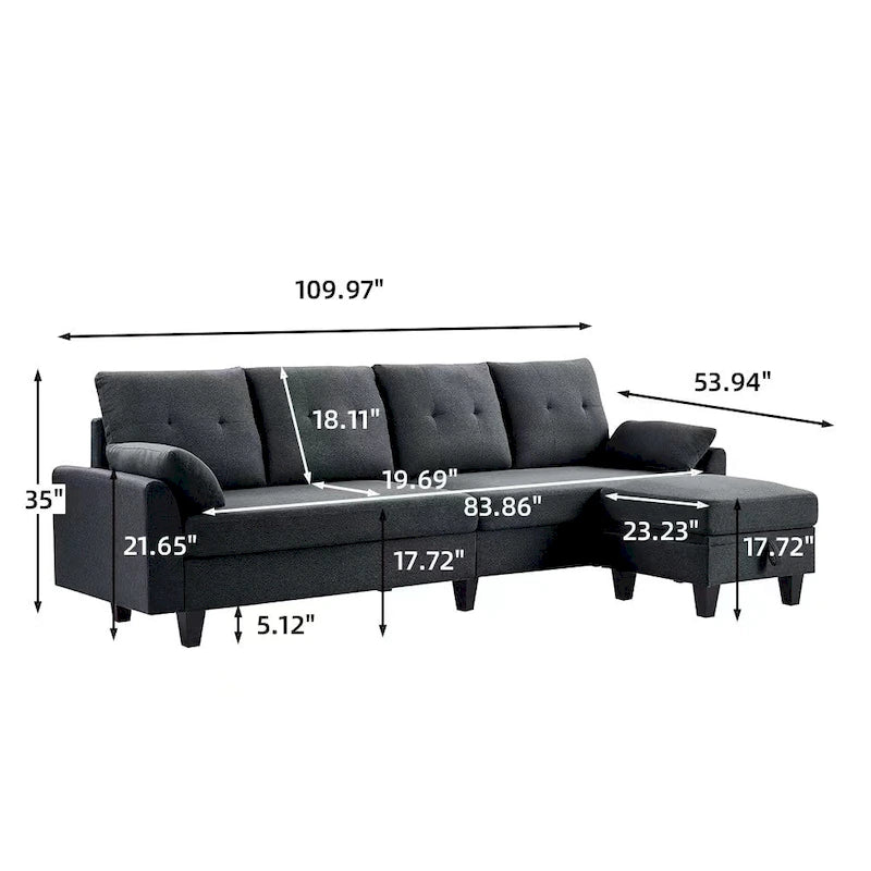 Divano Componibile Moderno a L con Chaise Longue, Pouf Contenitore e Tasche Laterali per Soggiorno