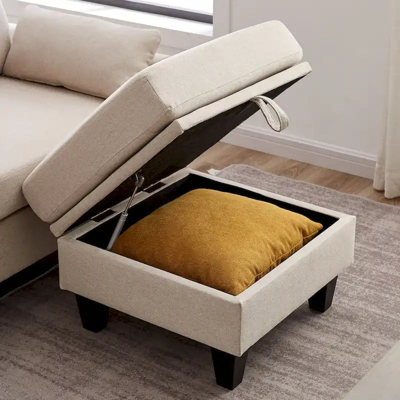 Divano Componibile Moderno a L con Chaise Longue, Pouf Contenitore e Tasche Laterali per Soggiorno
