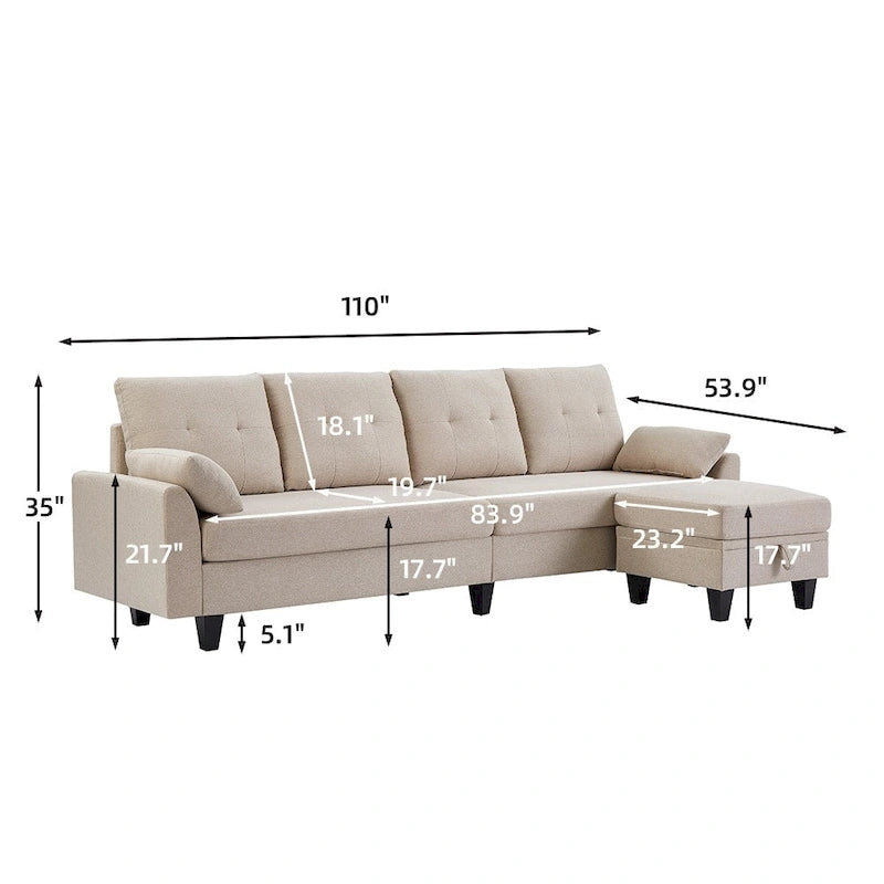 Divano Componibile Moderno a L con Chaise Longue, Pouf Contenitore e Tasche Laterali per Soggiorno