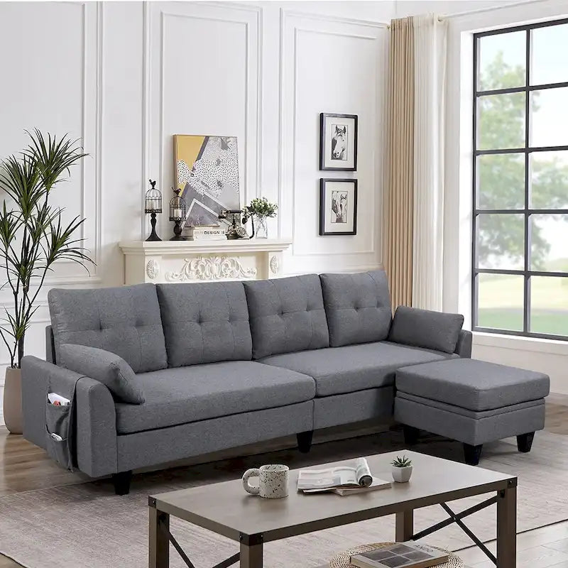 Divano Componibile Moderno a L con Chaise Longue, Pouf Contenitore e Tasche Laterali per Soggiorno