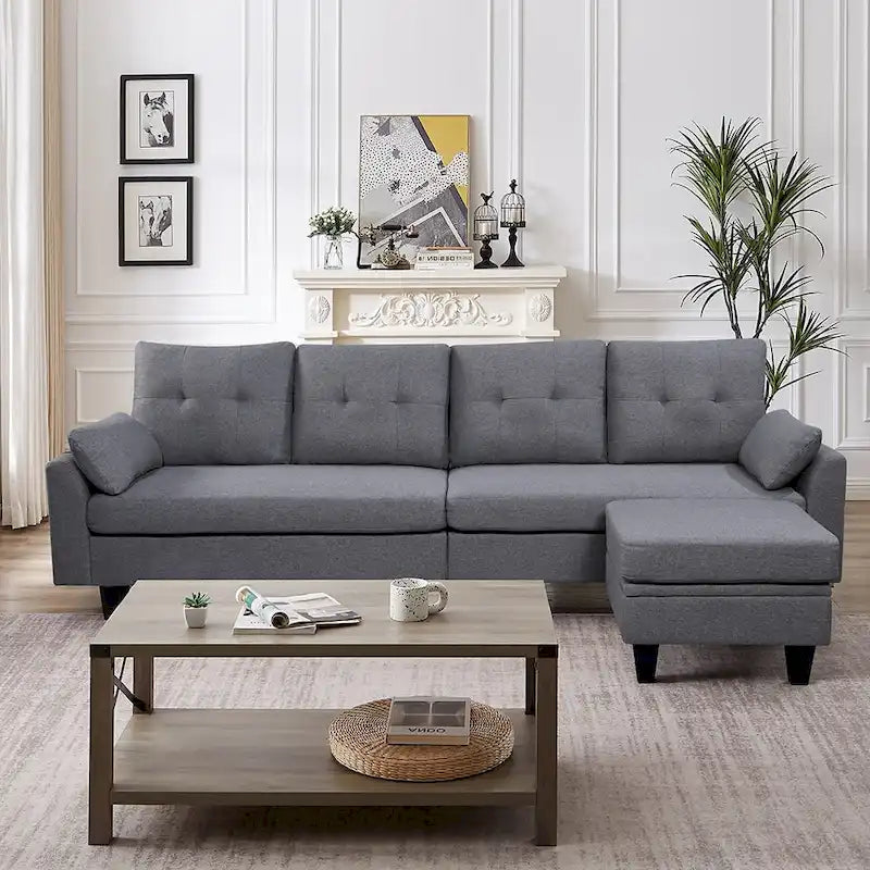 Divano Componibile Moderno a L con Chaise Longue, Pouf Contenitore e Tasche Laterali per Soggiorno