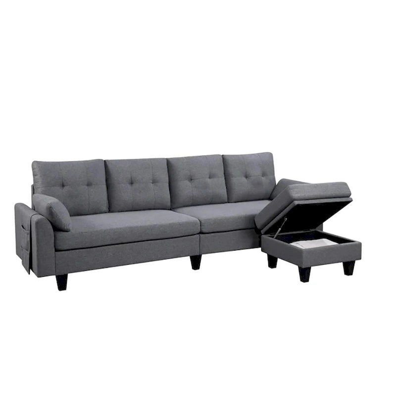 Divano Componibile Moderno a L con Chaise Longue, Pouf Contenitore e Tasche Laterali per Soggiorno