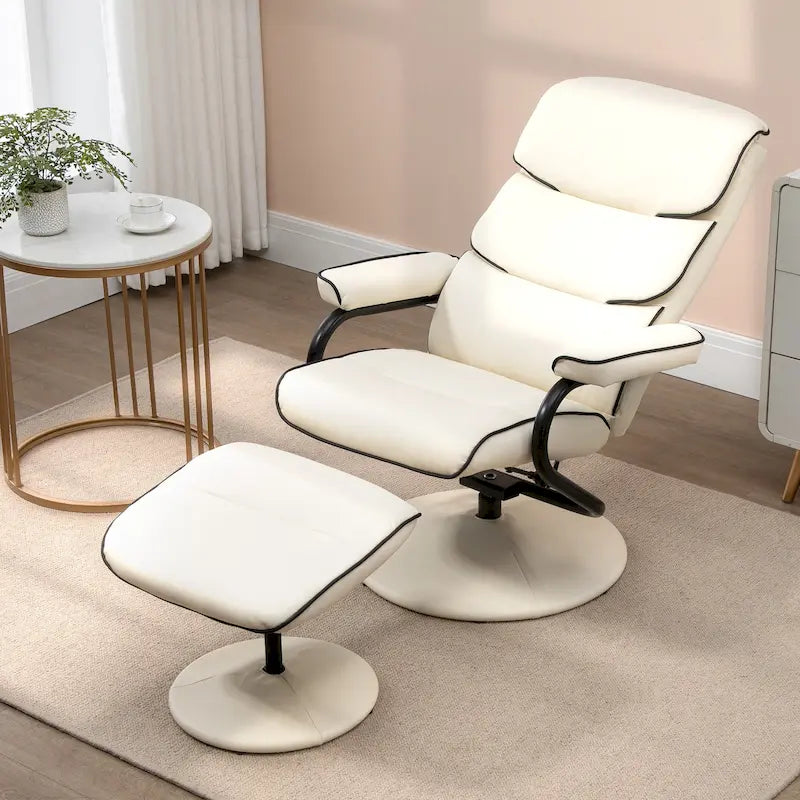 Poltrona reclinabile girevole con pouf, 1 posto, in similpelle, schienale regolabile a 135°, bianco/bronzo