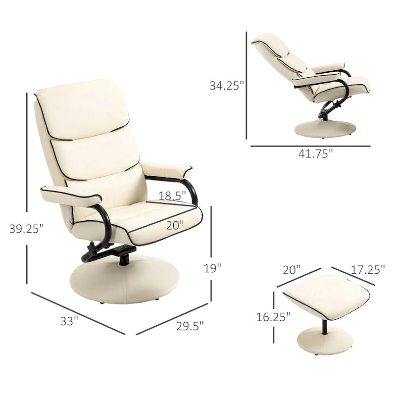 Poltrona reclinabile girevole con pouf, 1 posto, in similpelle, schienale regolabile a 135°, bianco/bronzo