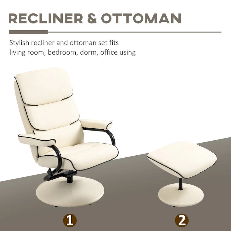Poltrona reclinabile girevole con pouf, 1 posto, in similpelle, schienale regolabile a 135°, bianco/bronzo