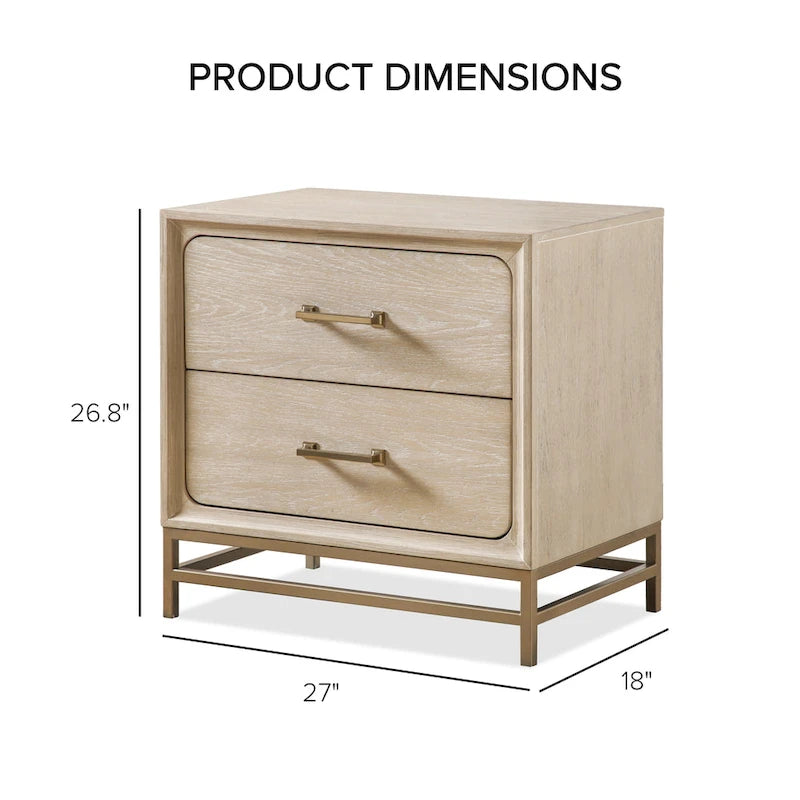 Comodino a 2 cassetti in rovere chiaro con gambe in metallo dorato, 1 persona