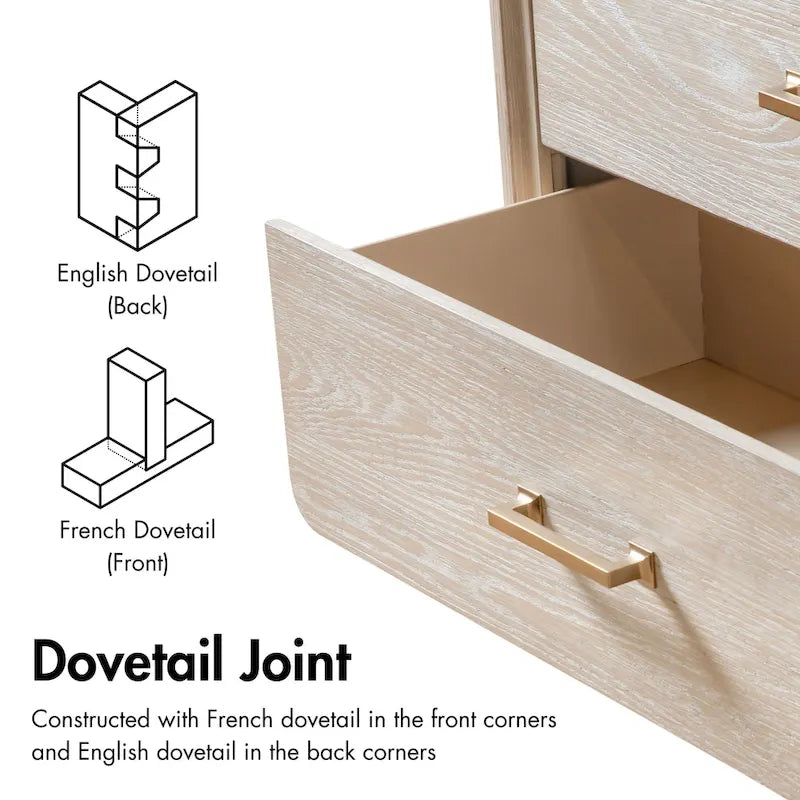 Comodino a 2 cassetti in rovere chiaro con gambe in metallo dorato, 1 persona