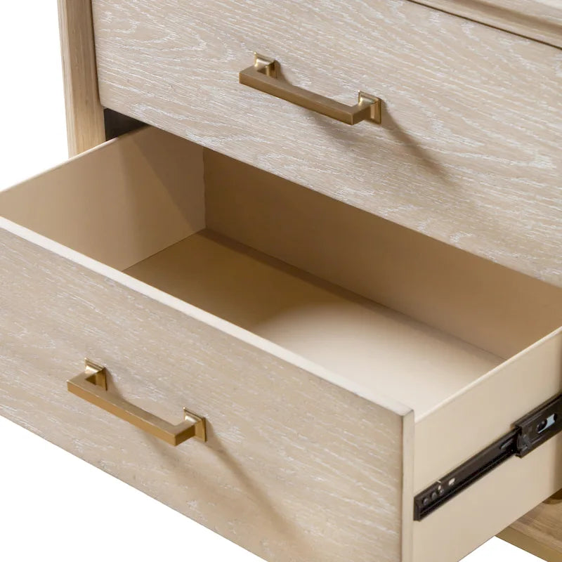 Comodino a 2 cassetti in rovere chiaro con gambe in metallo dorato, 1 persona