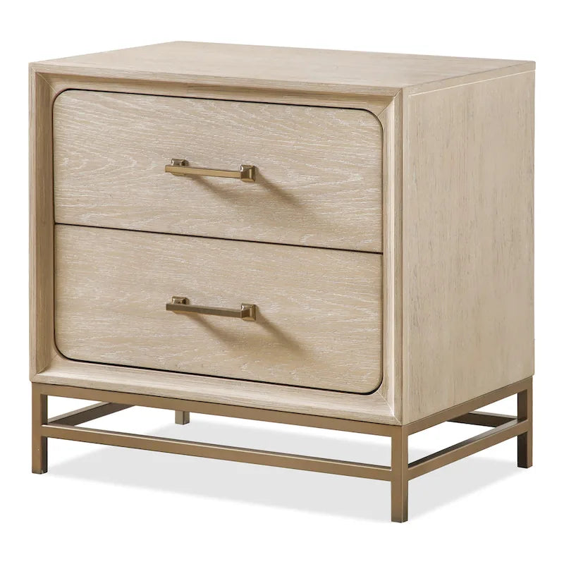 Comodino a 2 cassetti in rovere chiaro con gambe in metallo dorato, 1 persona