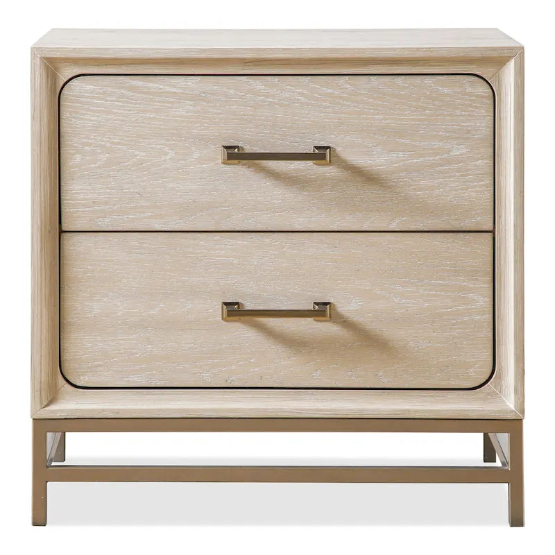 Comodino a 2 cassetti in rovere chiaro con gambe in metallo dorato, 1 persona