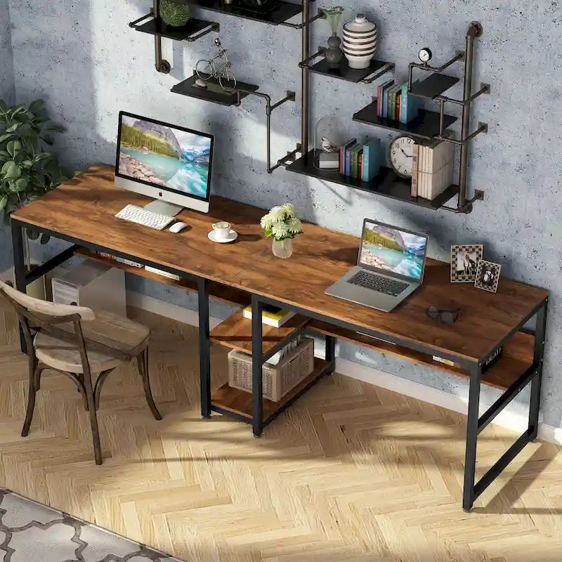 Scrivania Industriale Marrone+Nero a 2 Posti con Libreria