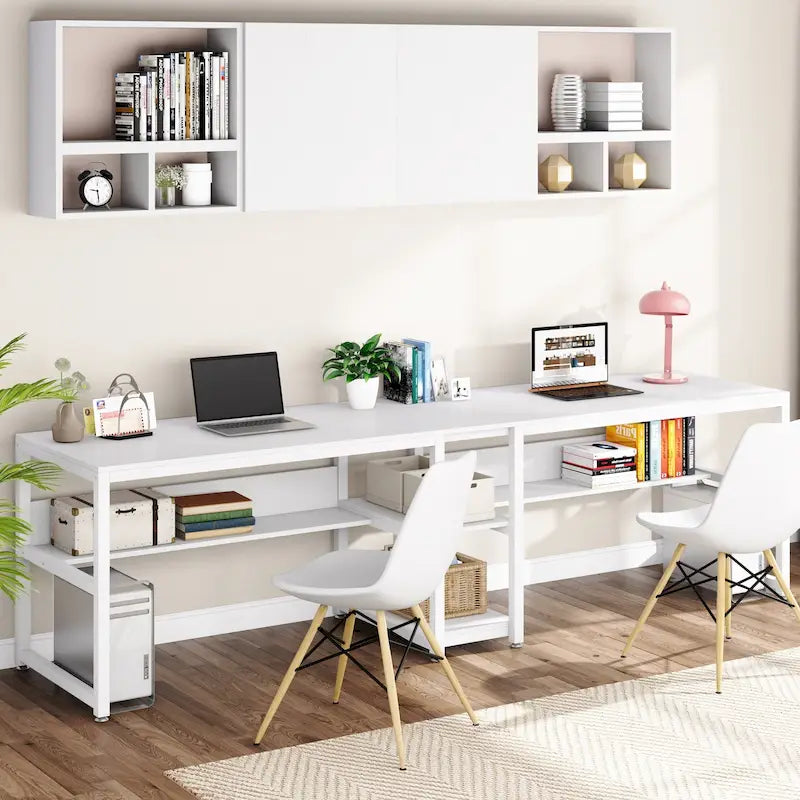 Scrivania Industriale Marrone+Nero a 2 Posti con Libreria