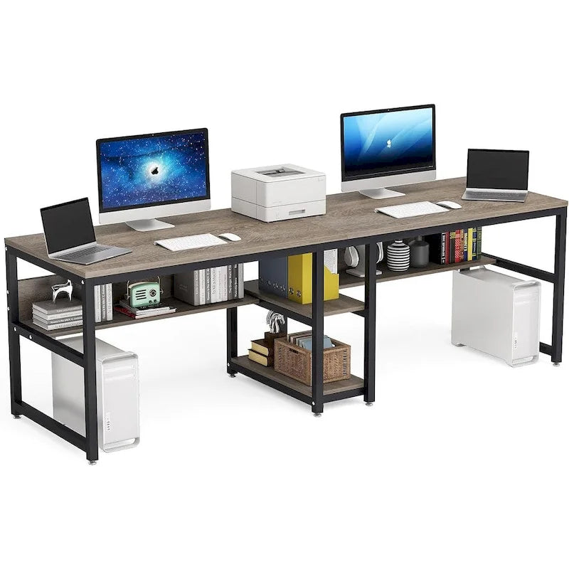 Scrivania Industriale Marrone+Nero a 2 Posti con Libreria