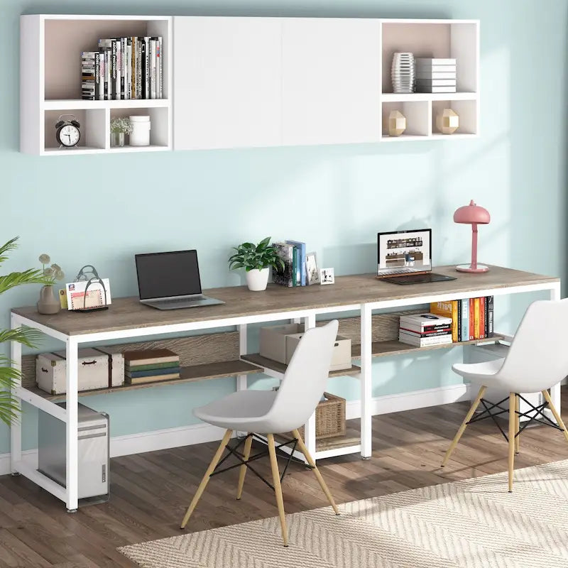 Scrivania Industriale Marrone+Nero a 2 Posti con Libreria