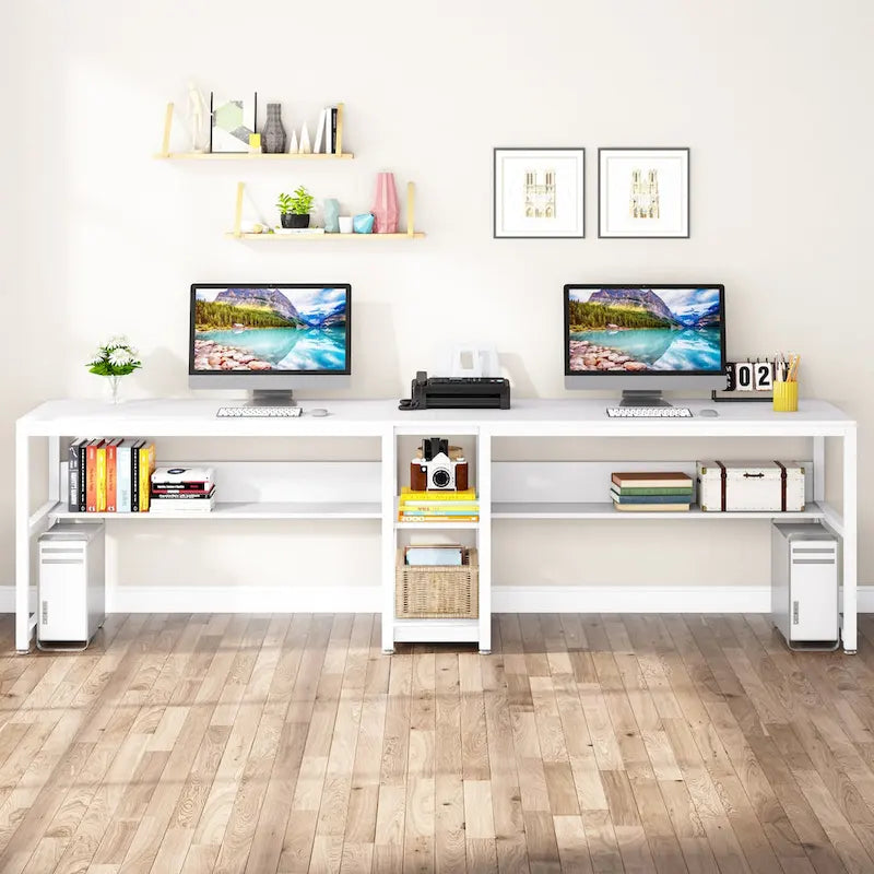 Scrivania Industriale Marrone+Nero a 2 Posti con Libreria