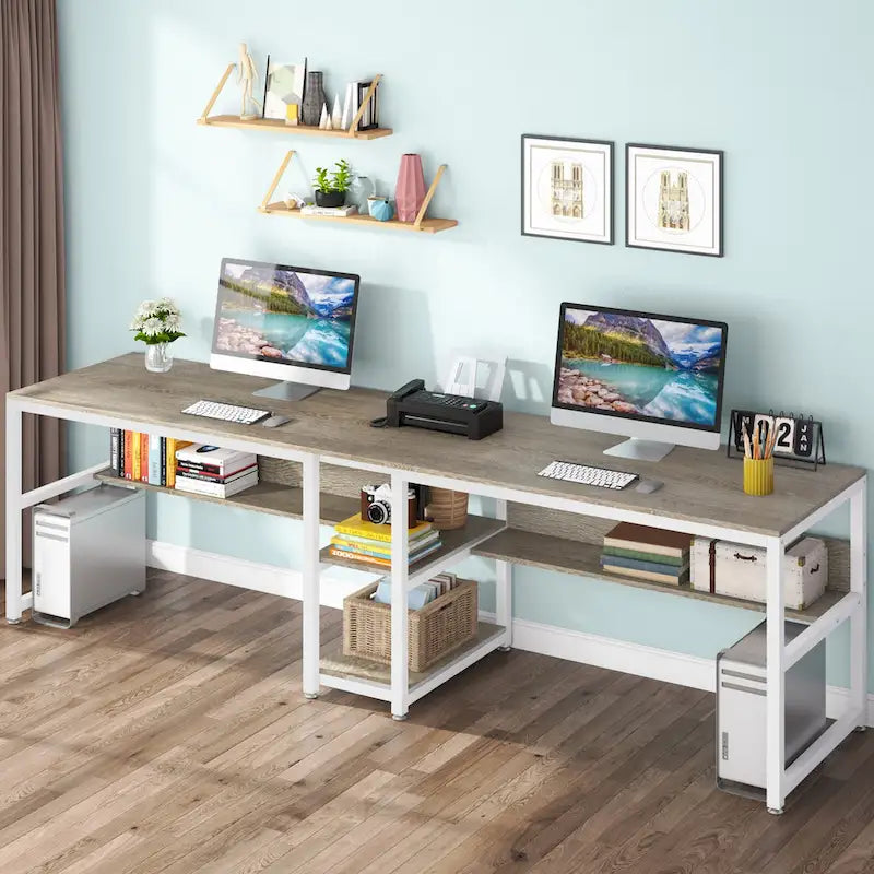 Scrivania Industriale Marrone+Nero a 2 Posti con Libreria