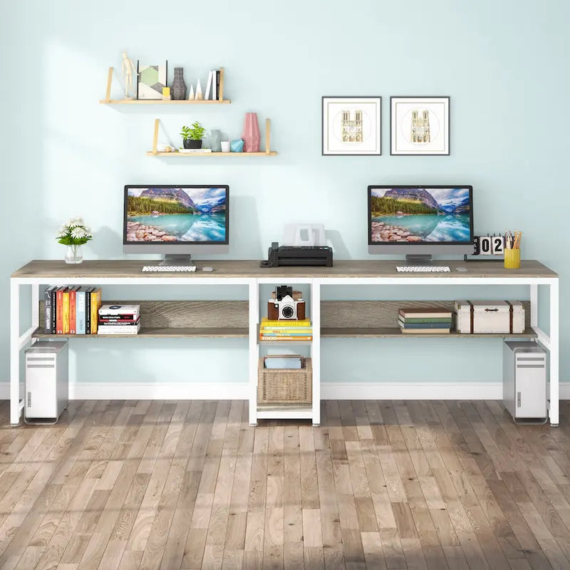 Scrivania Industriale Marrone+Nero a 2 Posti con Libreria