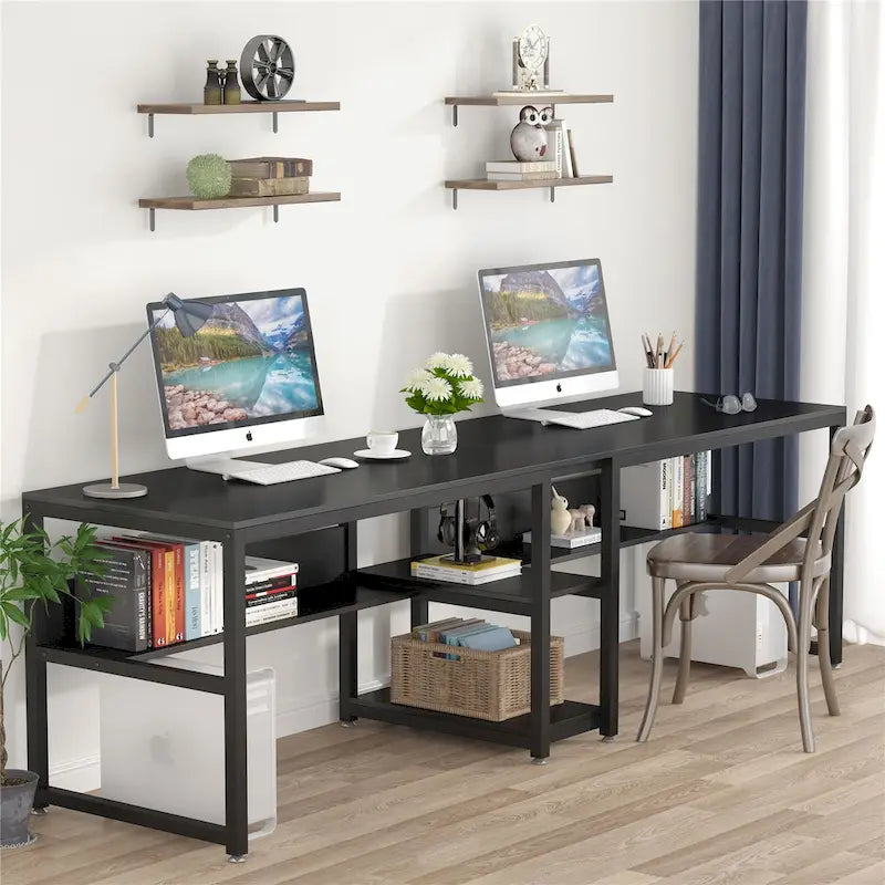 Scrivania Industriale Marrone+Nero a 2 Posti con Libreria