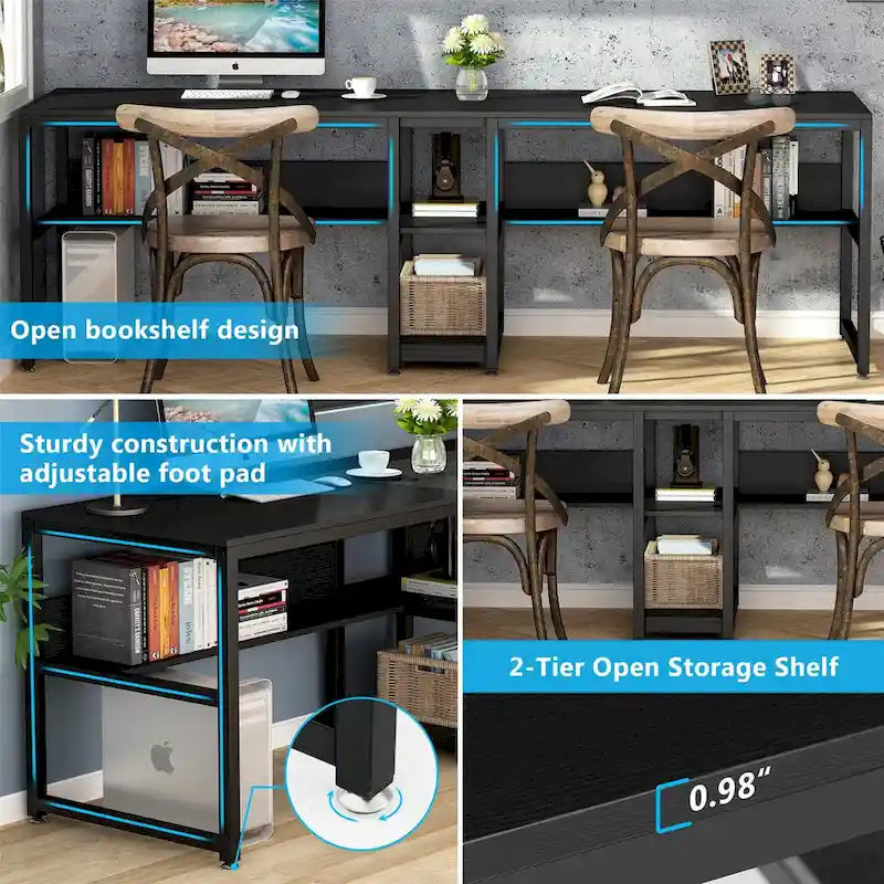 Scrivania Industriale Marrone+Nero a 2 Posti con Libreria
