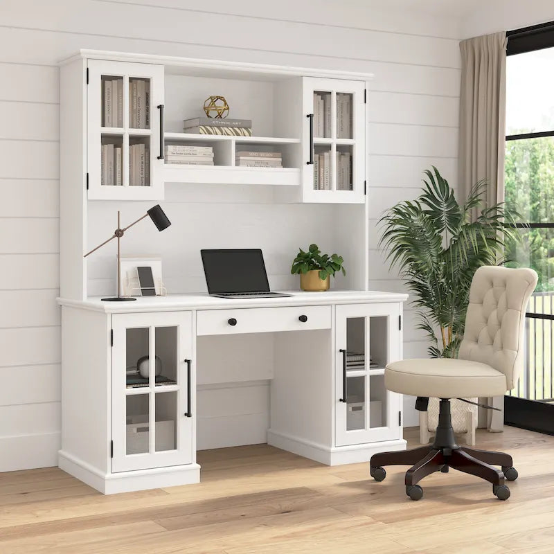 Scrivania per computer da 60" in frassino bianco con alzatina e contenitore – 1 persona