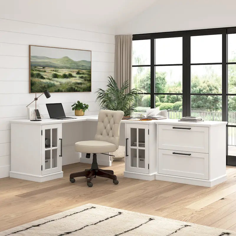 Scrivania per computer da 60" in frassino bianco con alzatina e contenitore – 1 persona