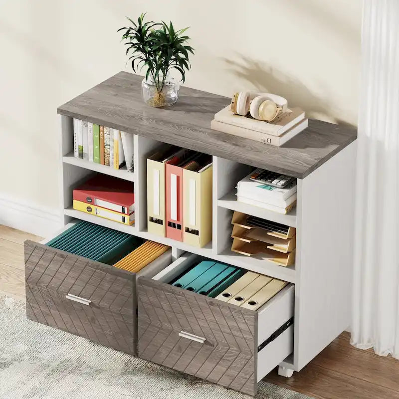 Cassettiera portadocumenti a 2 cassetti con ripiani aperti, mobile, assemblaggio da 1 persona, rovere/grigio/marrone