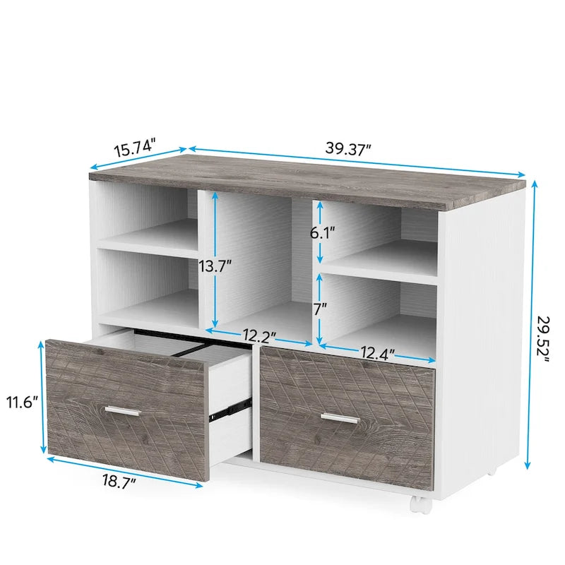 Cassettiera portadocumenti a 2 cassetti con ripiani aperti, mobile, assemblaggio da 1 persona, rovere/grigio/marrone