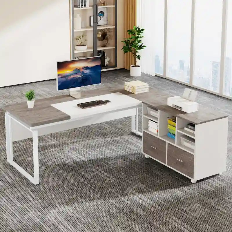 Cassettiera portadocumenti a 2 cassetti con ripiani aperti, mobile, assemblaggio da 1 persona, rovere/grigio/marrone