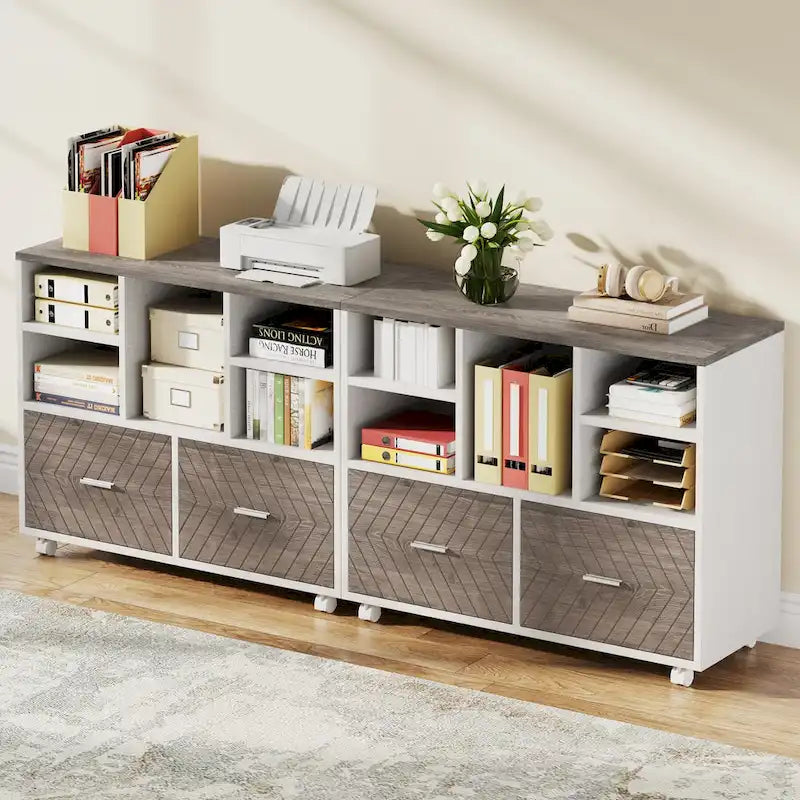 Cassettiera portadocumenti a 2 cassetti con ripiani aperti, mobile, assemblaggio da 1 persona, rovere/grigio/marrone