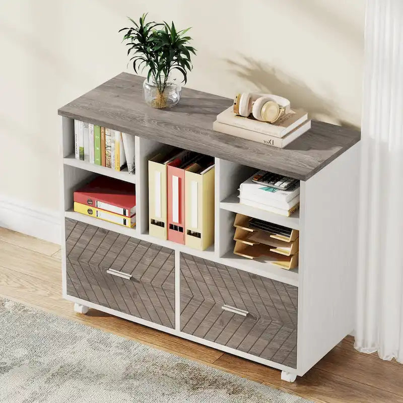 Cassettiera portadocumenti a 2 cassetti con ripiani aperti, mobile, assemblaggio da 1 persona, rovere/grigio/marrone